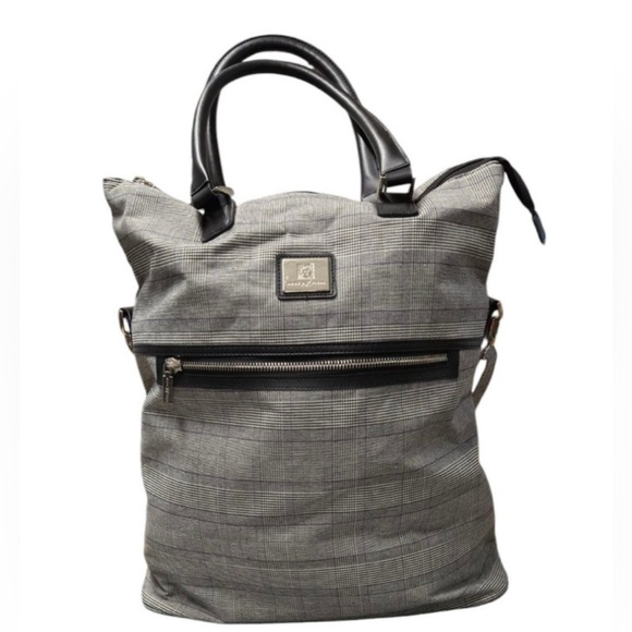 Anne Klein black/white plaid zipper front handle/detachable strap large tote. - Picture 1 of 9